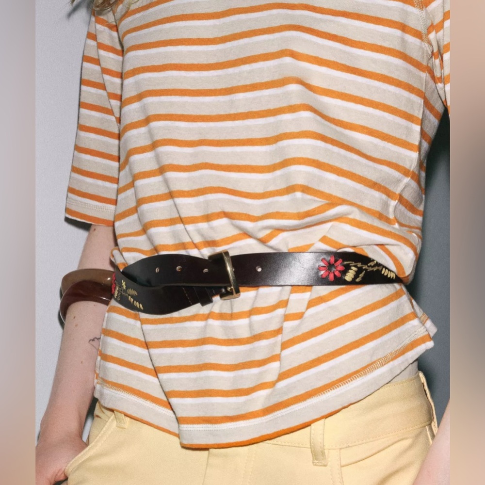 Zara Womens Brown Leather Embroidered Floral Belt Gold Buckle Festival Hippie